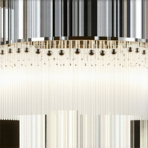 Close-up of a crystal chandelier reflecting ambient light in a contemporary interior.