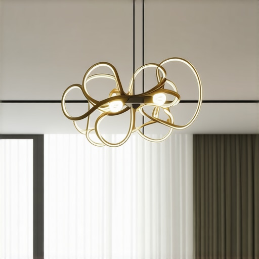 Stylish modern chandelier with geometric shapes hanging in a contemporary living room