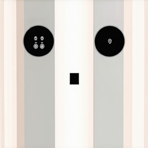 A high-tech smart lighting control interface beside organic-shaped modern light fixtures