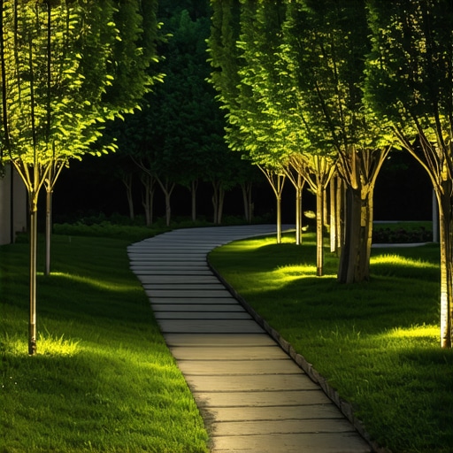 Eco-Friendly Solar Garden Lighting Outdoor garden featuring solar-powered lighting fixtures integrated into natural landscape elements.