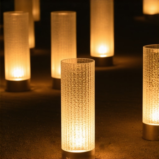 A modern garden illuminated by textured glass outdoor lighting fixtures.