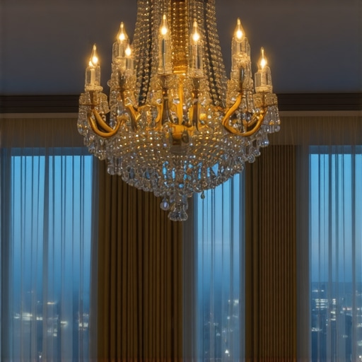 Crystal chandelier providing ambient lighting in a contemporary living room