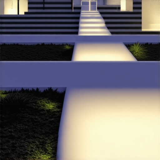 Modern smart outdoor lighting system illuminating pathways and landscape at night