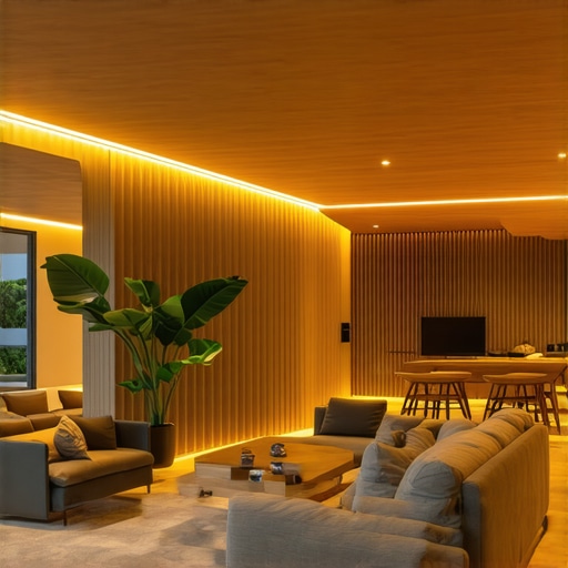 Contemporary living room showcasing layered smart lighting with adjustable fixtures and ambient illumination