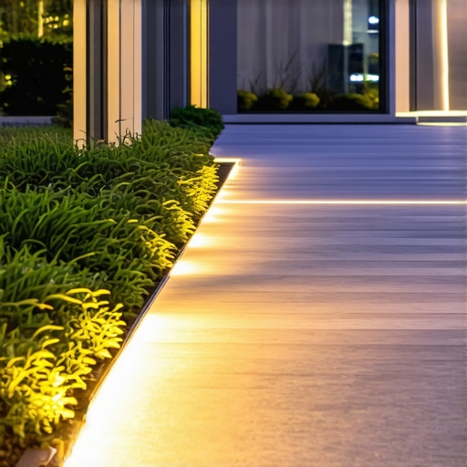 Exterior garden illuminated by LED pathway lights and uplights