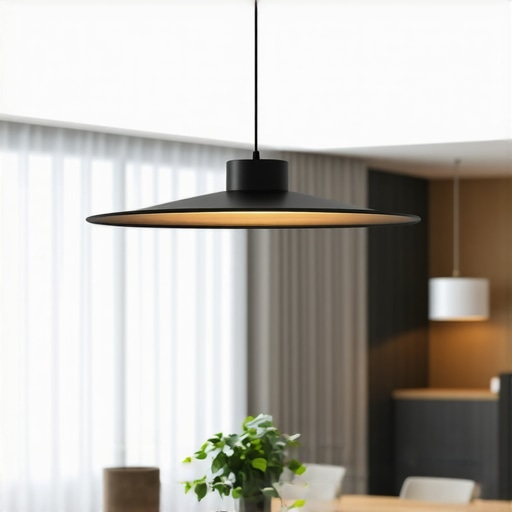 Stylish pendant light hanging above a dining table in a modern interior design.