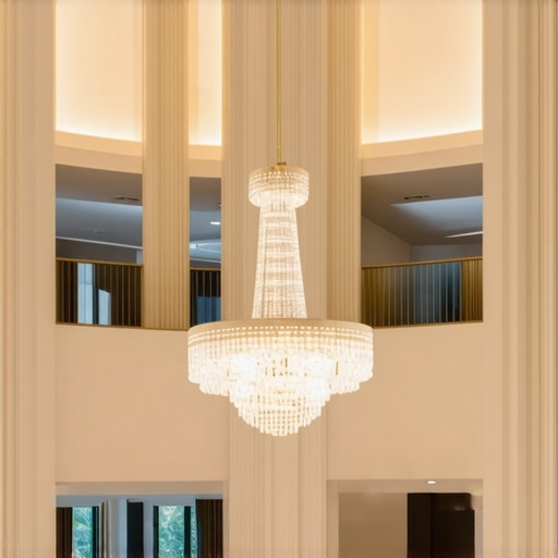 Interior design featuring a large chandelier suitable for high ceilings.