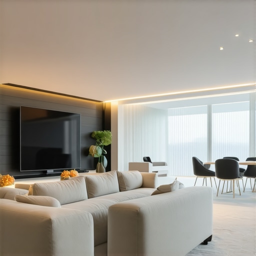 Elegant modern interior with advanced LED lighting Contemporary interior with innovative LED lighting creating a cozy and stylish atmosphere