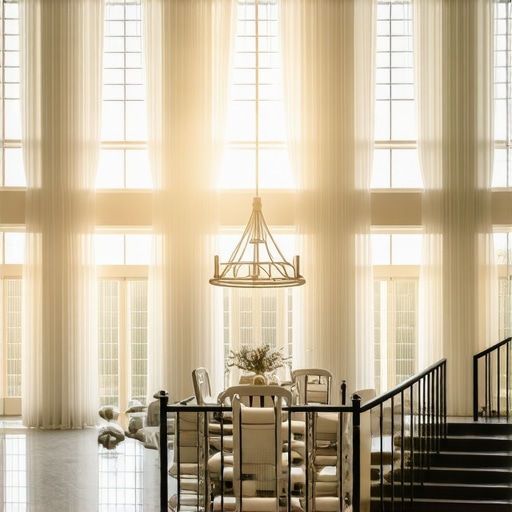 Luxurious living room with high ceilings showcasing layered lighting and abundant natural light.