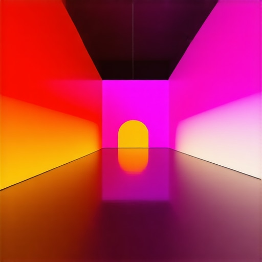 A modern art gallery showcasing dynamic, adaptive lighting with vibrant colors and sleek interior design