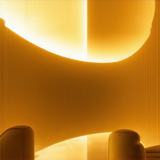 Interior of a modern, futuristic home featuring intelligent adaptive lighting and sculptural fixtures.