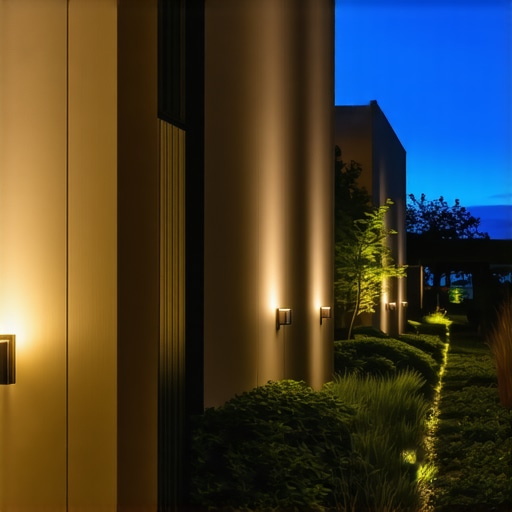 Modern garden illuminated with OLED panels, smart lighting controls, and artistic fixtures