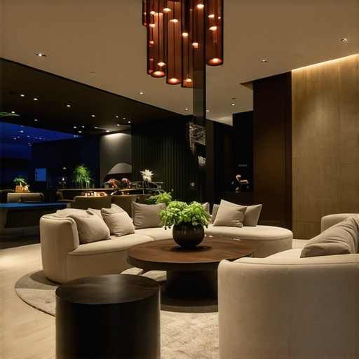 A sophisticated living space illuminated by innovative, programmable lighting fixtures blending artistic and functional design.