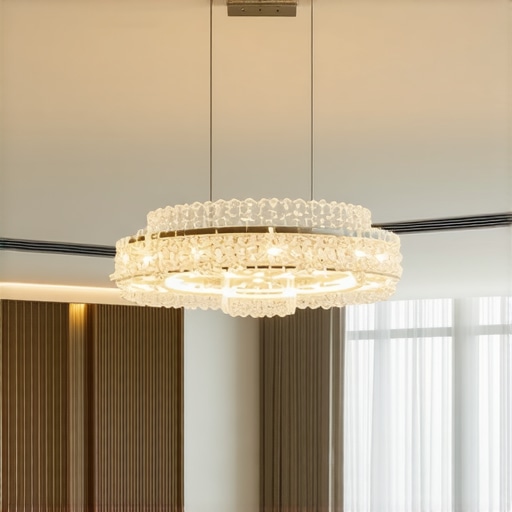 Stylish modern chandelier suspended at correct height in a chic living room