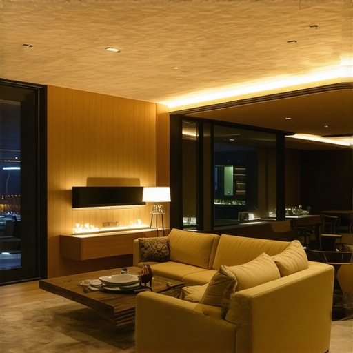 Modern living room illuminated with layered lighting creating a cozy ambiance.