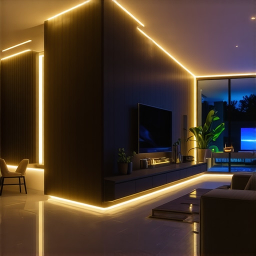 Futuristic smart home interior with adaptive LED lighting controlling space ambiance