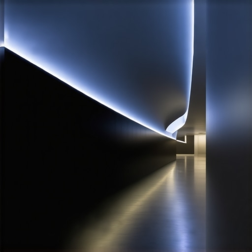 Futuristic corridor illuminated with integrated LED panels and artistic light sculptures