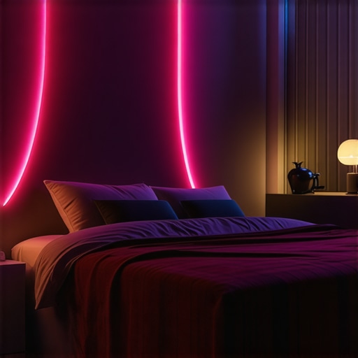Futuristic bedroom interior showcasing advanced lighting technologies and holographic art