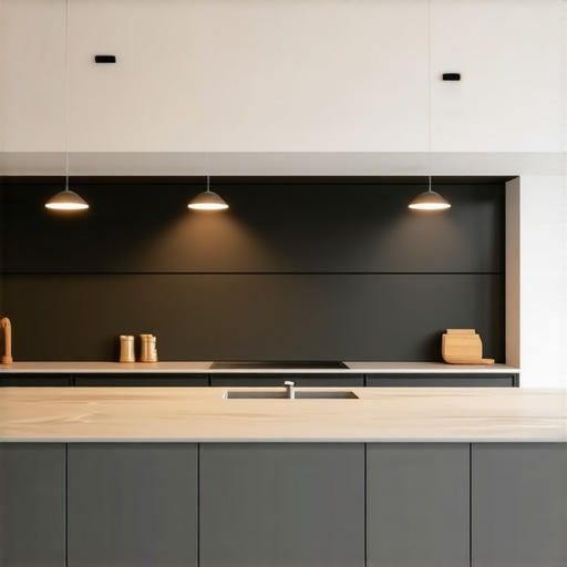 Kuhinja s usmjerenim reflektorima i slojevima svjetlosti koje ističu radne površine i dekorativne elemente.