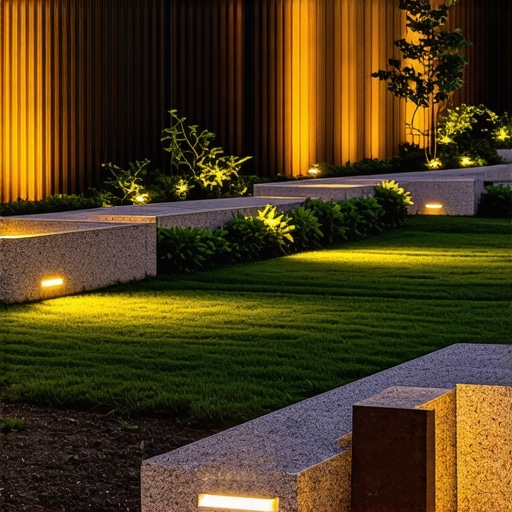 Modern outdoor lighting highlighting a garden with natural materials and LED fixtures