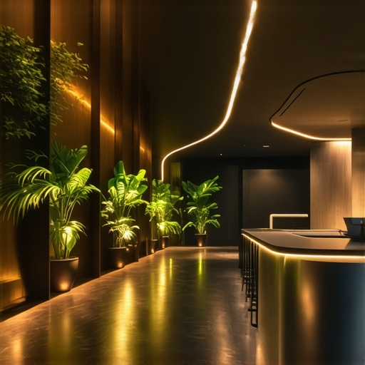 Ilustracija moderna ukupna scena unutrašnjeg prostora s naprednim LED osvetljenjem i prirodnim elementima