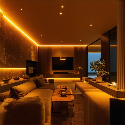 Layered Interior Lighting Design Modern living room illuminated with layered lighting creating a warm and inviting atmosphere.