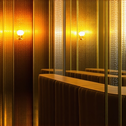 A modern interior with layered lighting, textured glass, and brass fixtures creating an expansive feel