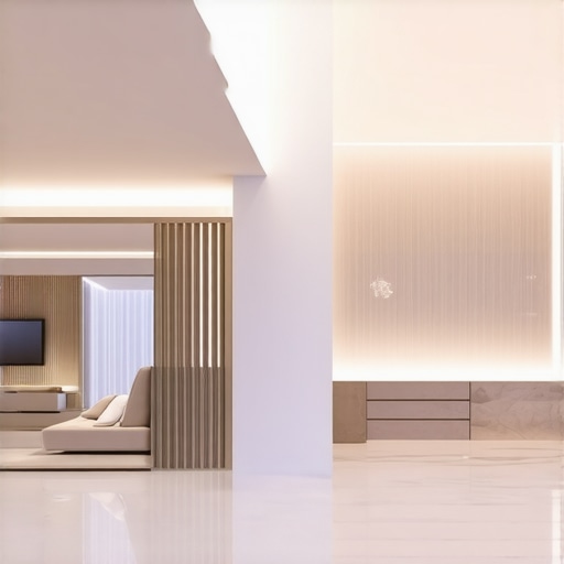 Smart layered lighting, reflective surfaces, textured wall accents in a low-ceiling bedroom