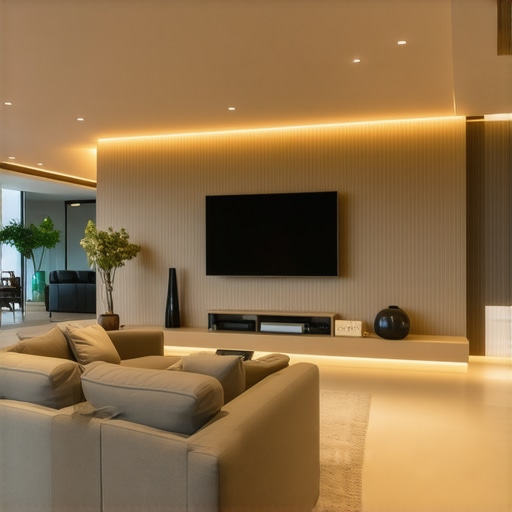 Contemporary living room illuminated by layered smart lighting system