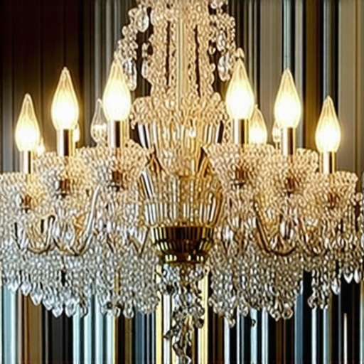 Close-up of a detailed crystal chandelier with refractive glass elements in a modern living room