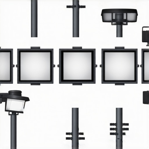 Modern LED Reflectors in Urban Architecture Array of adjustable LED architectural reflectors installed on building facades, showcasing diverse designs and lighting effects