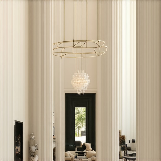 Contemporary spacious living room featuring a large pendant chandelier and modern decor