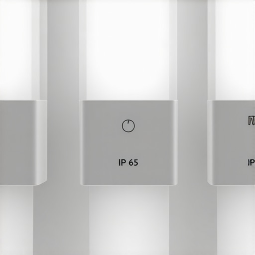 Contemporary bathroom lighting with IP65 rating symbols demonstrating water and dust resistance.