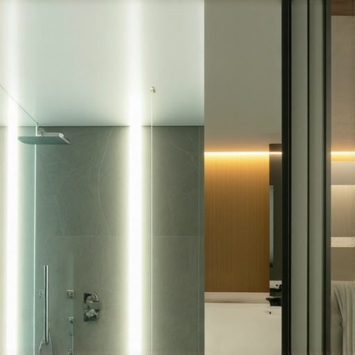 Bathroom scene with LED strip lights installed along mirrors and ceiling, emphasizing waterproof features.