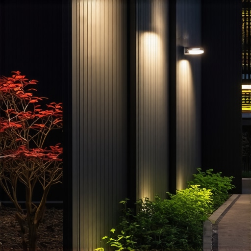 Contemporary outdoor lighting with modular fixtures illuminating a garden in the evening.