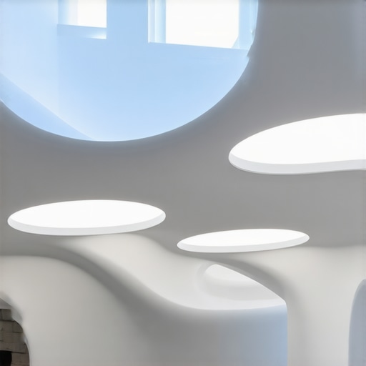 Futuristic interior with organic-shaped luminaires seamlessly integrated into decor