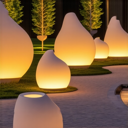 Artistic organic outdoor luminaires illuminating garden pathways at sunset.