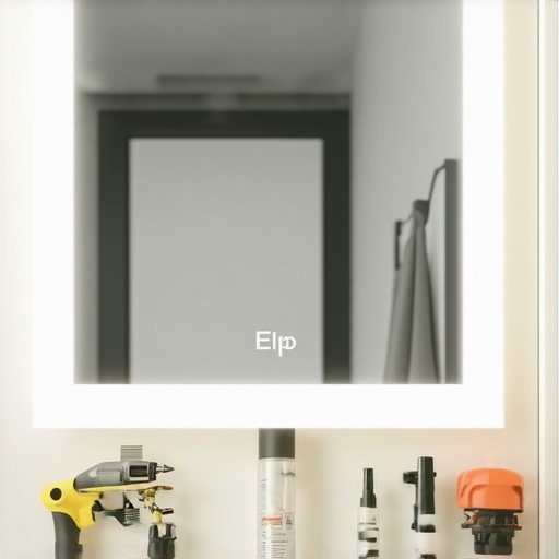 Technician installing LED lighting on a bathroom mirror with advanced tools and safety gear.