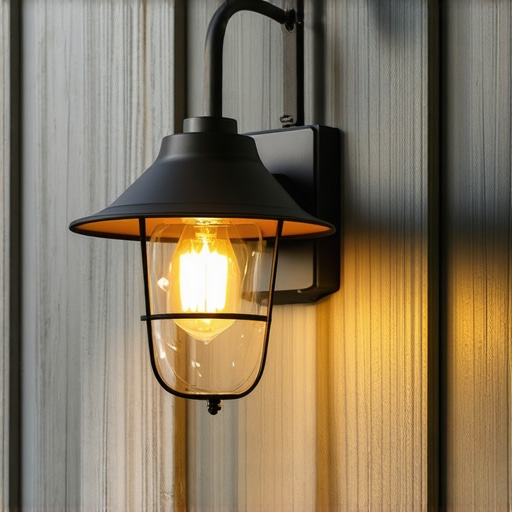 Rustic outdoor wall light with weathered metal finish and warm illumination