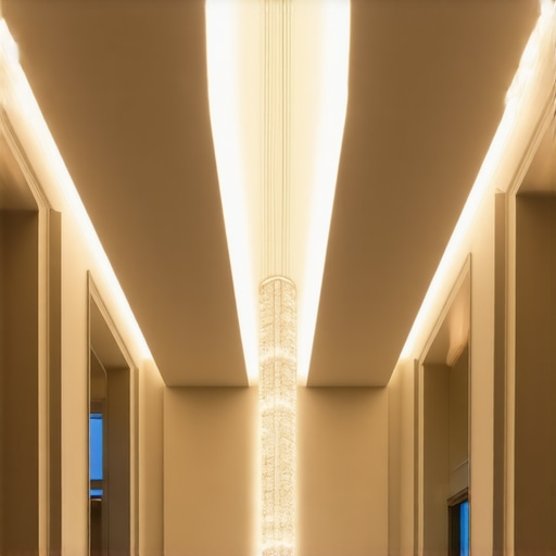 Interior with layered lighting emphasizing high ceilings and modern decor