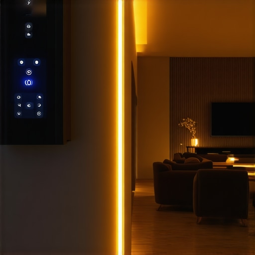 Interior of a modern smart home showing integrated LED lighting with a control panel