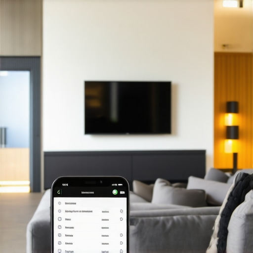 Interior of a modern home showing smart lighting system controlled via mobile device.
