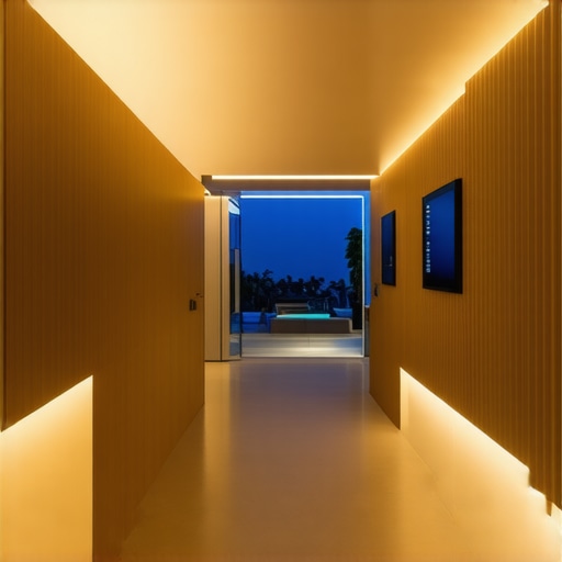 Interior of a modern smart home with integrated layered lighting solutions.