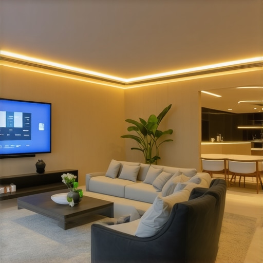 Smart LED Lighting in Contemporary Living Room Modern living room illuminated with customizable LED lighting system.