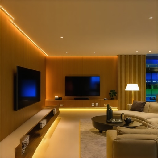 Living room showcasing layered lighting setup with smart controls.