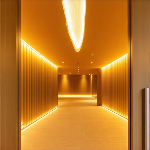 Luxurious interior highlighting layered lighting and natural wood textures.