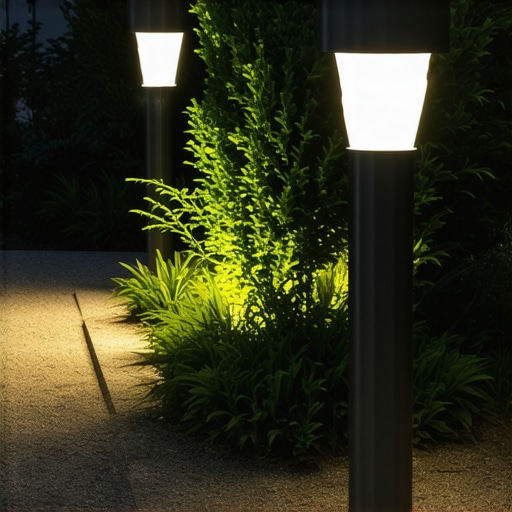 Modern solar-powered LED garden lighting installed in a lush green outdoor space