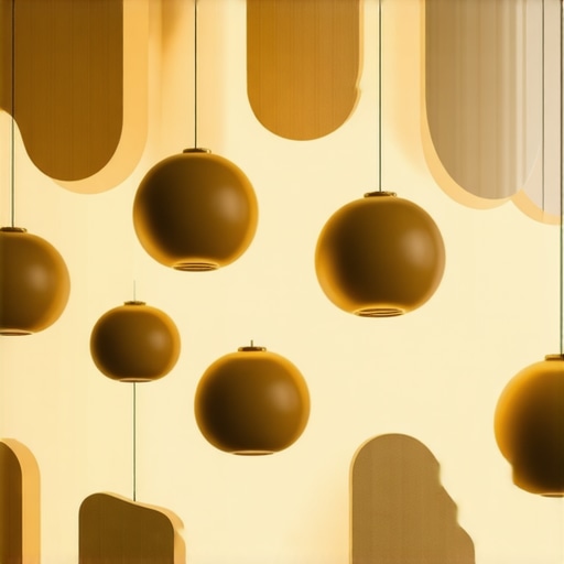 Contemporary interior with organic-shaped pendant lights and warm gold ambient lighting