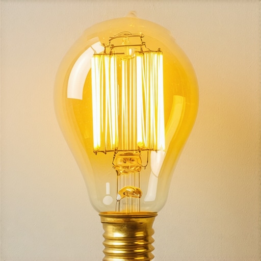 Close-up of vintage-style LED filament bulb in ornate brass fixture