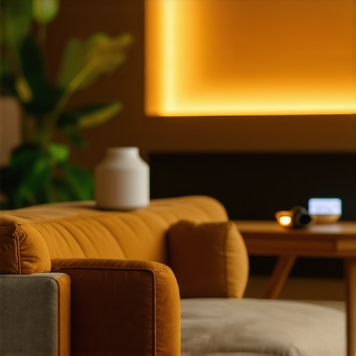 AI-vođena rasvjeta u modernom interijeru Svetlosni sustav s umjetnom inteligencijom u luksuznom dnevnom boravku.